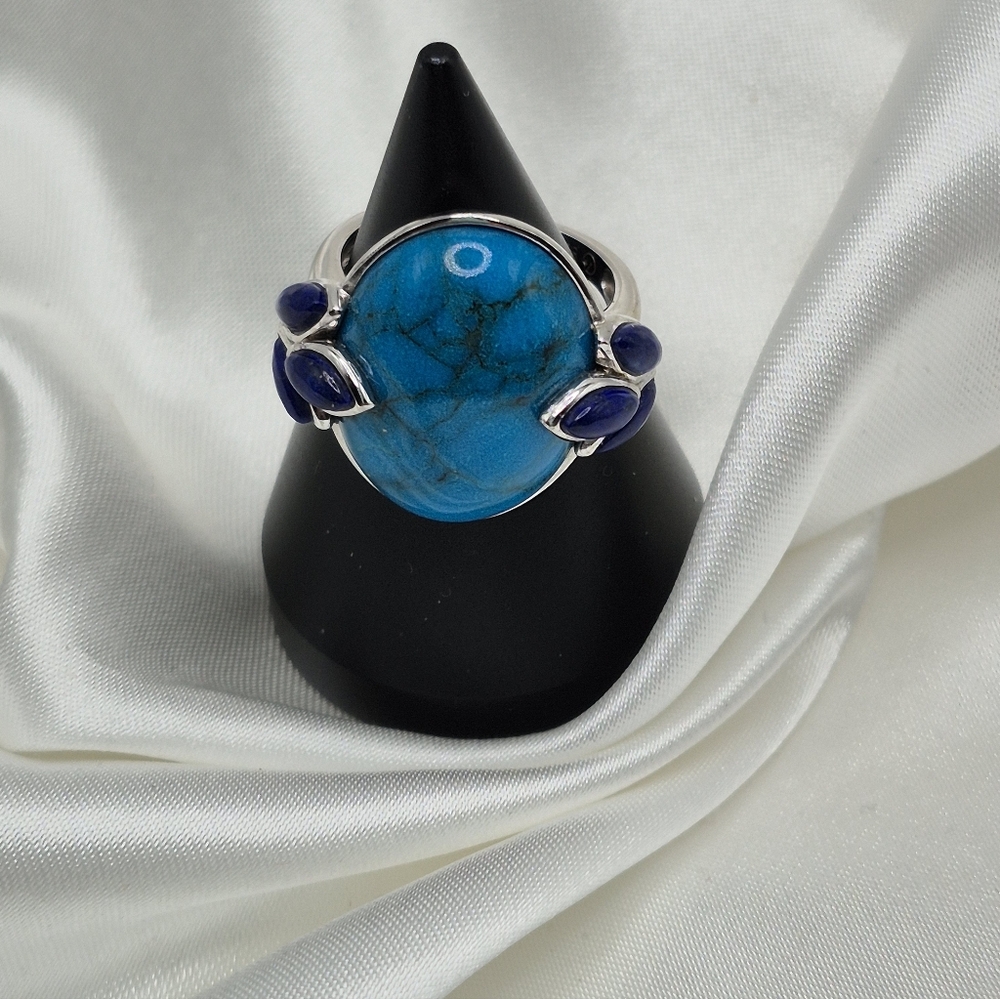 STUNNING Sterling Silver Lapis & Blue/Green Center Stone Women's Ring. Size 6